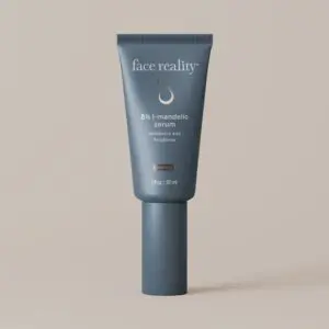 White background with a tube of face reality 8% i-mandelic serum, which is a moisturizer designed to nourish