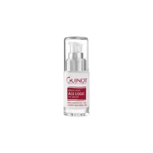 Bottle of Guinot Age Logic Eye Serum, which is a 30ml bottle with a white label and a blue lid