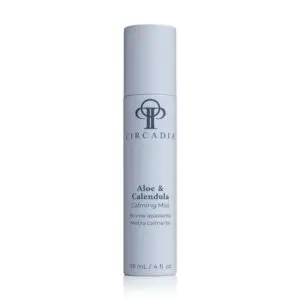 White background with a bottle of Circadia Aloe & Calendula Calming Mist, which is 118ml in size