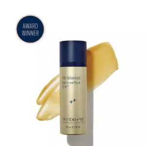 Bottle of skinbeater alto advanced defense and repair serum, with a label that reads "skincerer advanced anti-aging serum"