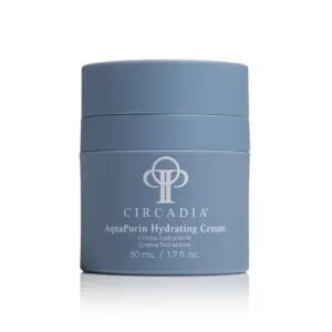 White background with a 50ml container of Circadia Aqua Porin Hydrating Cream, featuring text on the front