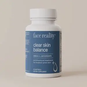 White bottle with the words "face reality clear skin balance" printed on it