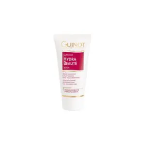 White background with a tube of Guinot Hydra Beauté Mask, which is 50ml in size