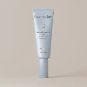 White background with a tube of face reality hydra balance gel in the center