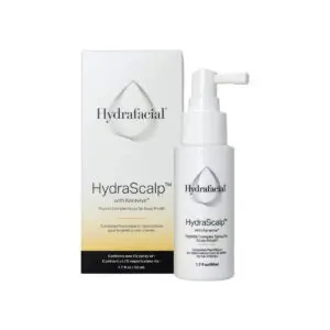White box with the text "hydrafacial hydra scalpTM with kerativTM peptide complex spray" printed on it