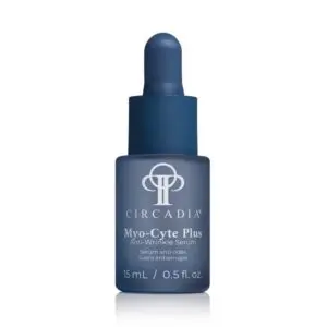 Blue cosmetic bottle with the text "circadia myo-cyte plus anti-wrinkle serum 15ml" printed on it