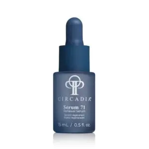 Blue cosmetic bottle with the text "circadia myo-cyte plus anti-wrinkle serum 15ml" printed on it