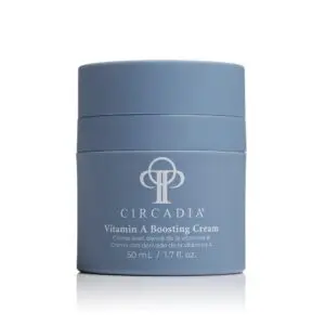 White background with a 50ml container of Circadia Vitamin A Boosting Cream, featuring text on the front