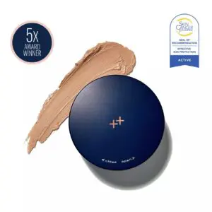 Close up of a blue box with a light brown foundation on it, labeled " - Active"