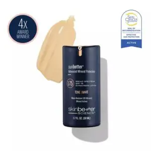 Bottle of SPF 75+ with a light cream-colored liquid inside
