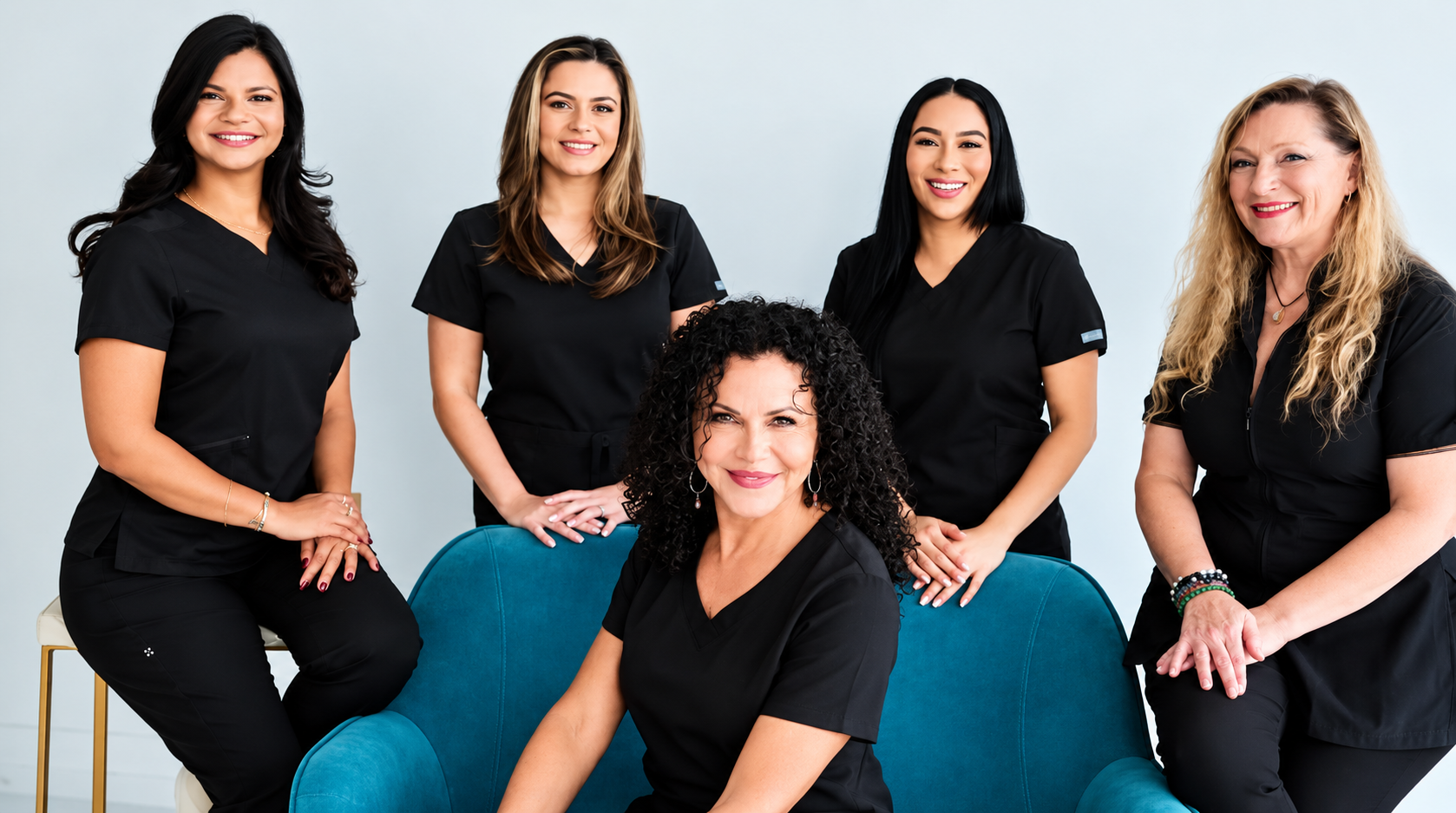 Group of women in scrubs sitting on a blue couch in front of a white wall