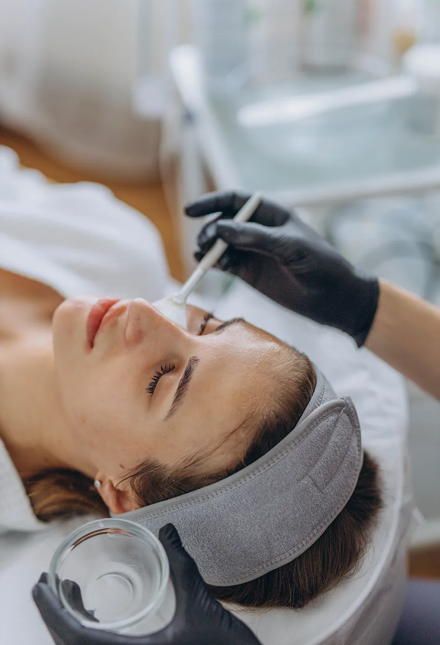 Woman lying on a white cloth in a getting a facial, wearing a headband and gloves